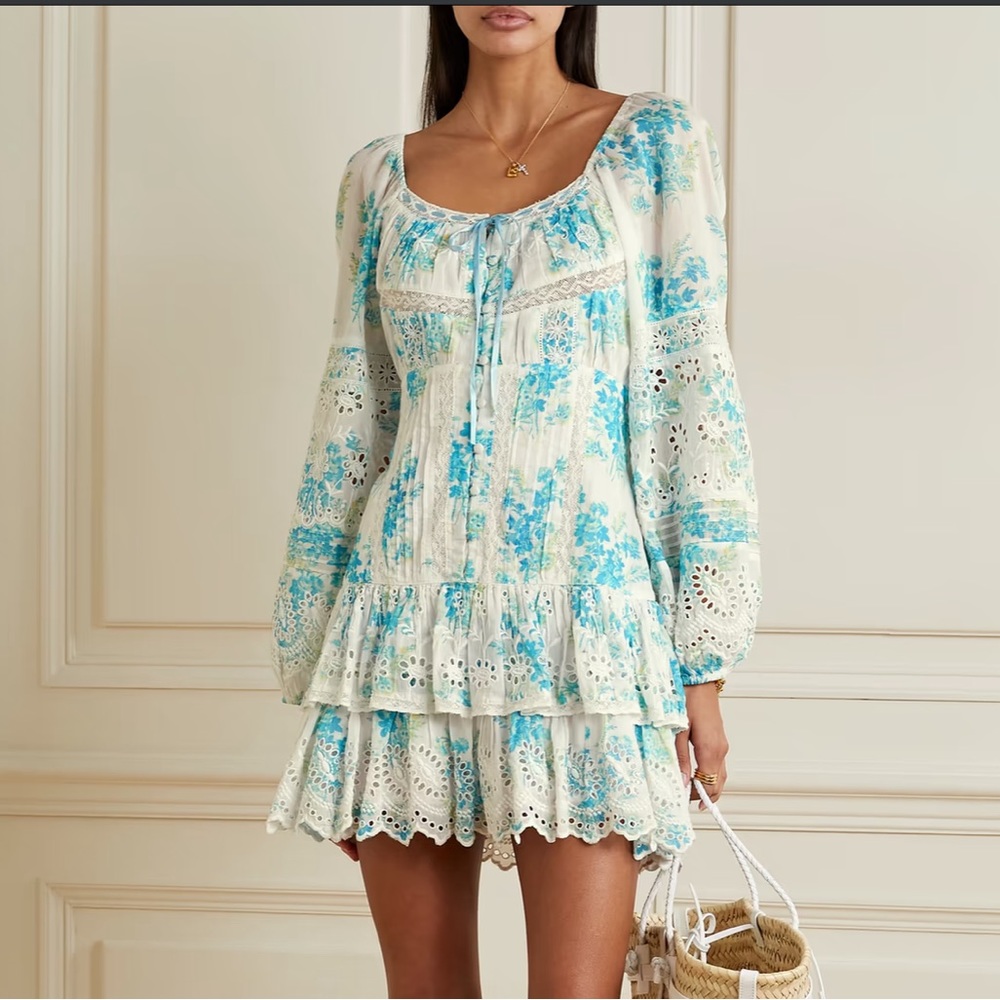 LoveShackFancy Cream and Aqua Blue Floral Eyelet Mini Dress